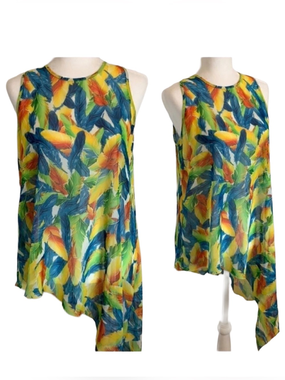 Boho Tropical Feather Print Asymmetrical Tank Kay Celine Size M Hippie